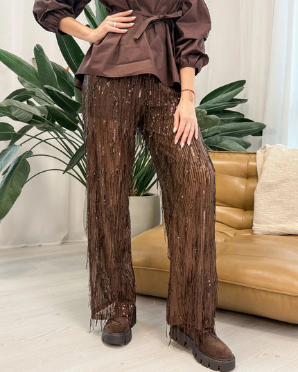 SPODNIE ŻAKLIN CEKINOWE CZEKOLADOWE - BLUMANIA