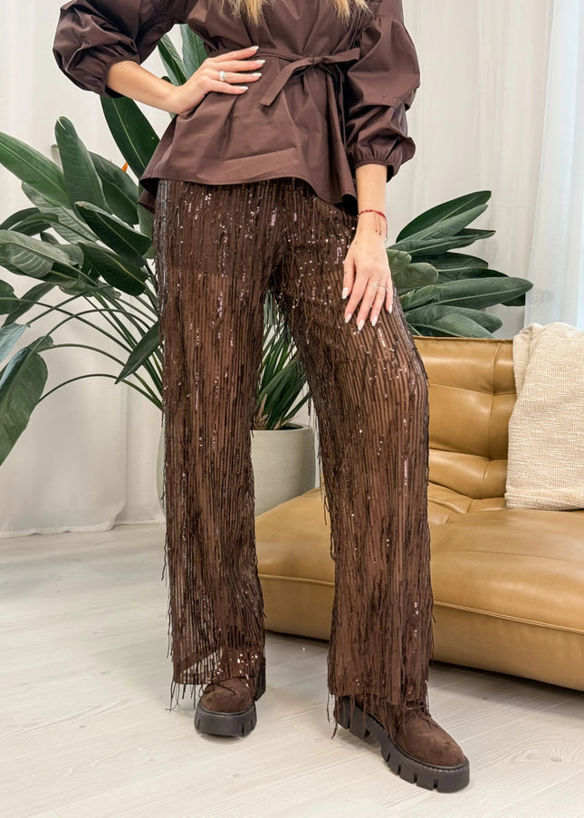 SPODNIE ŻAKLIN CEKINOWE CZEKOLADOWE - BLUMANIA