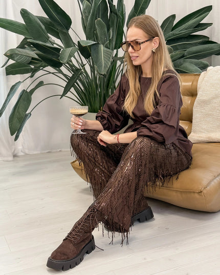 SPODNIE ŻAKLIN CEKINOWE CZEKOLADOWE - BLUMANIA