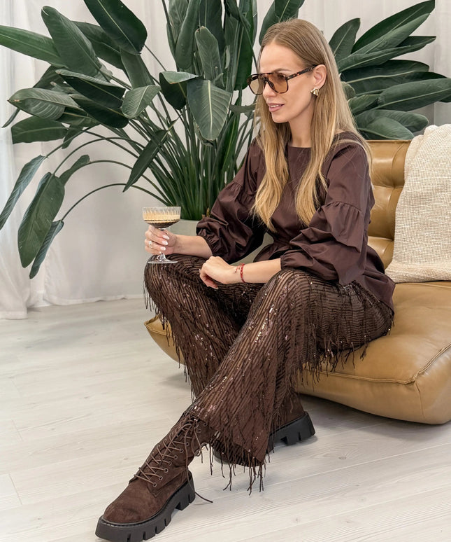 SPODNIE ŻAKLIN CEKINOWE CZEKOLADOWE - BLUMANIA